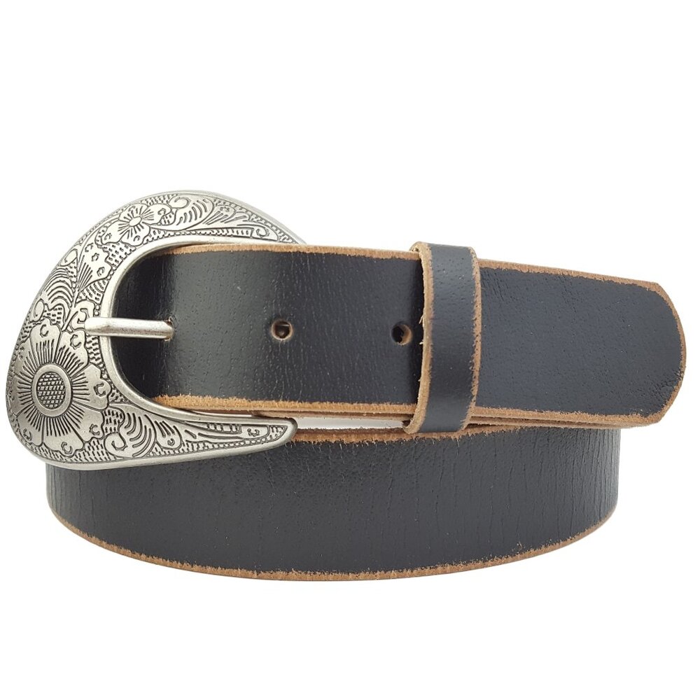 Distressed Vintage Leather belt w. Floral Engraved Buckle